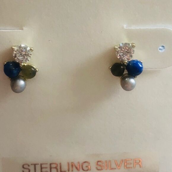 CAROLEE Stone & Freshwater Pearl Stud Earrings, Blue/Yellow/Gold, Pearl, NWT - Picture 7 of 9